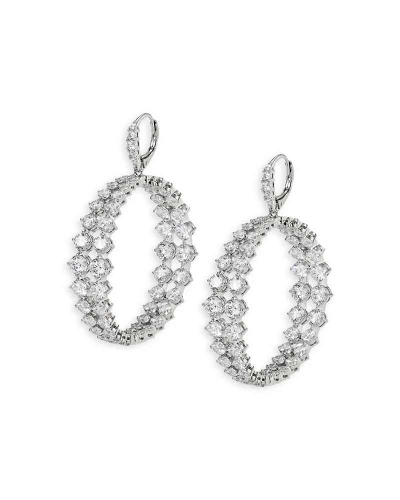 Cubic Zirconia Double Row Drop Hoop Earrings in Rhodium Plated