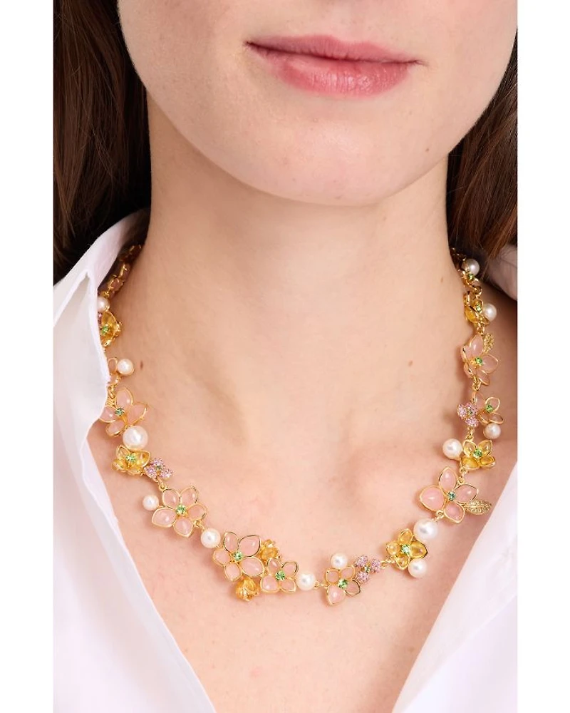 Pastel Petals Mixed Stone Flower Statement Necklace in Gold Tone, 16"