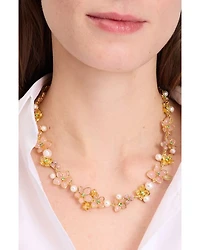 Pastel Petals Mixed Stone Flower Statement Necklace in Gold Tone, 16"