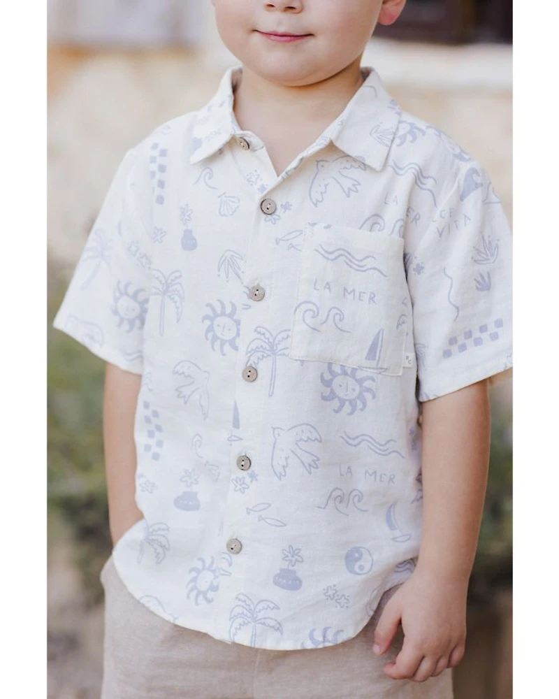 Boys' Mediterranean Print Short Sleeve Linen Shirt - Little Kid