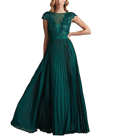 Tadashi Shoji Surette Sequin Embroidered Pleated Chiffon Gown