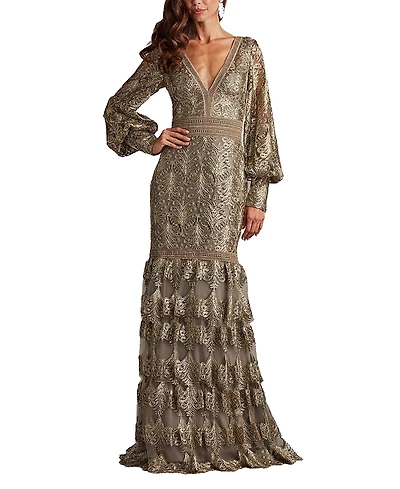 Tadashi Shoji Aponi Tiered Sequin Embroidered Gown