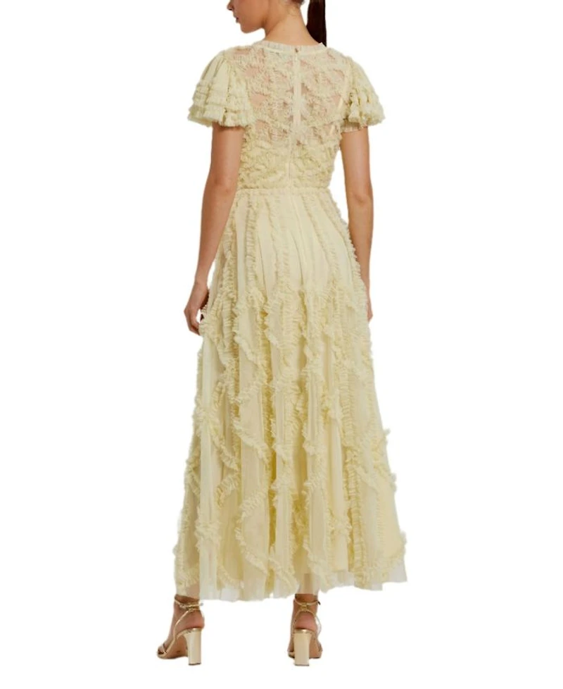Solid Mesh Dotted Micro Ruffle High Neck Dress