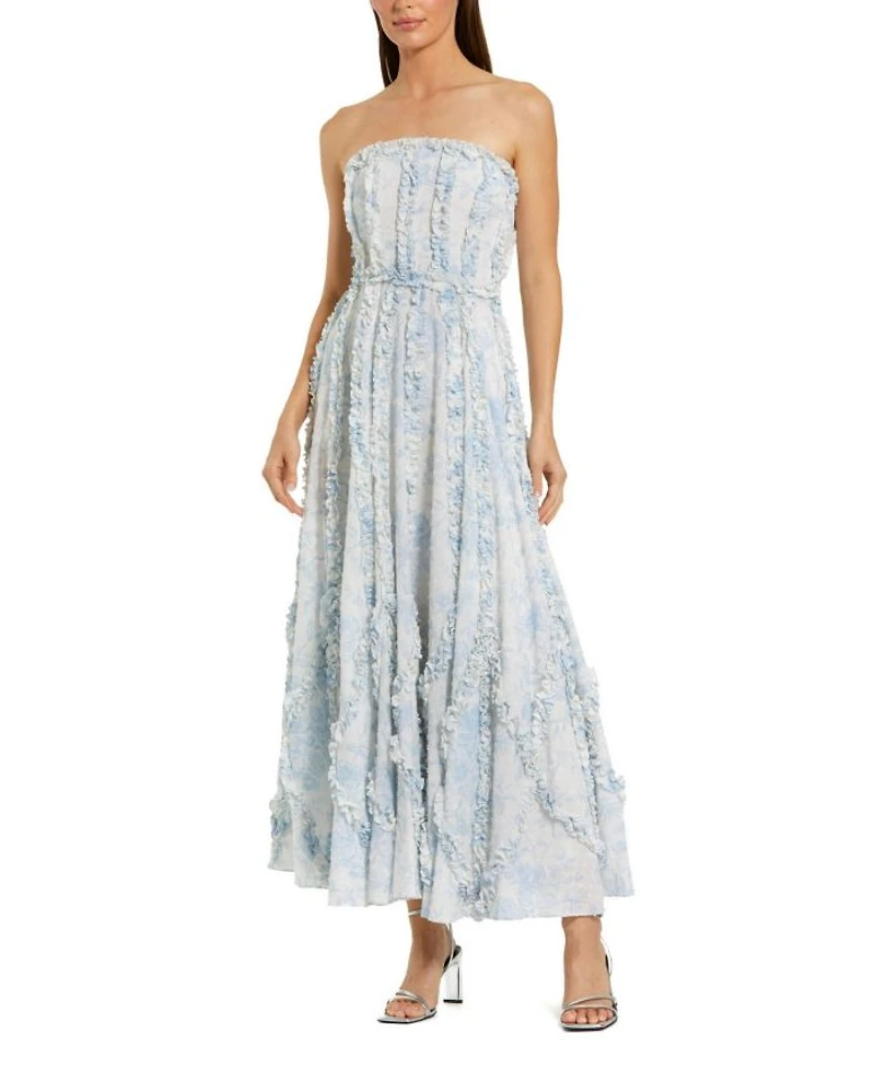 Floral Cotton Ruffle Strapless Gown