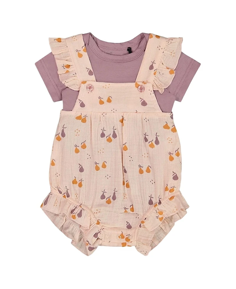 Deux par Girls' Printed Muslin Shortall and Organic Cotton Onesie Set - Baby