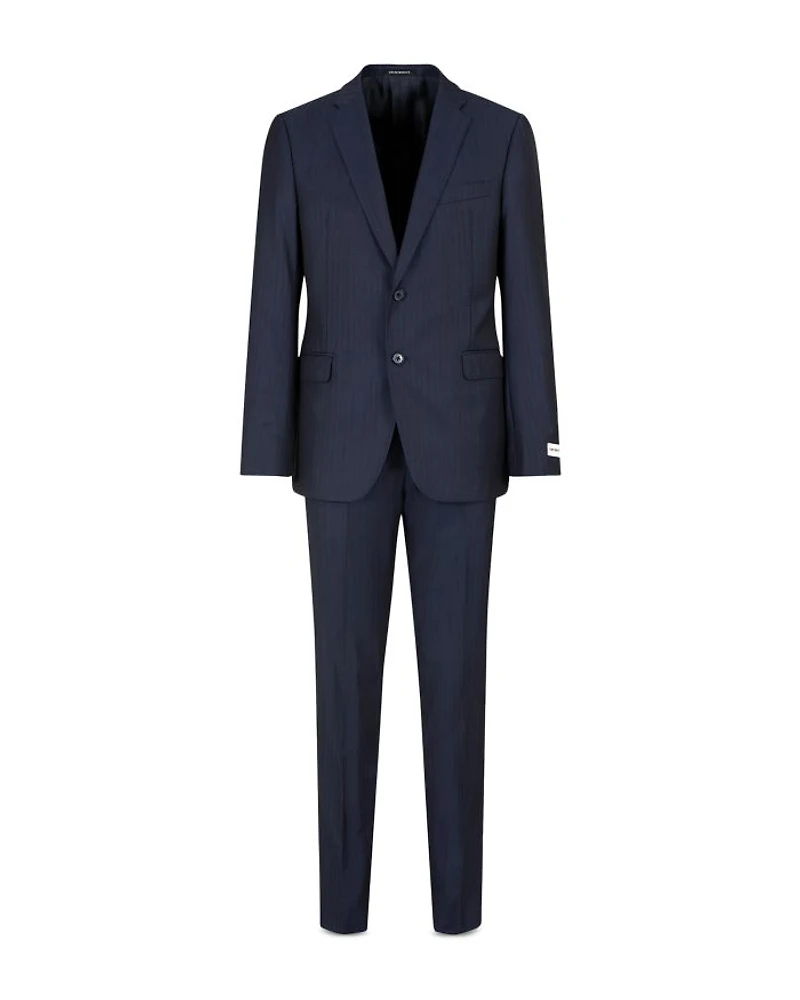 M Line Slim Fit Single Breasted Notch Lapel Suit Herringbone Stripe Wool