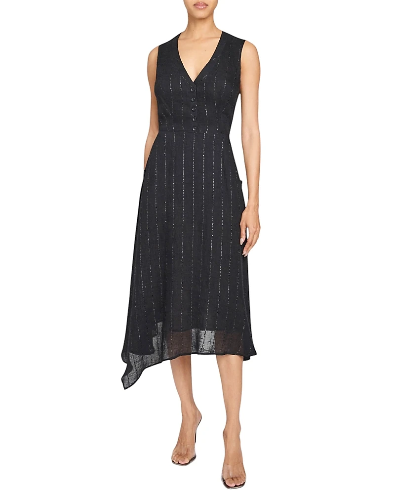 Santorelli Nia Sleeveless Midi Dress with Asymmetric Hemline and Button Details