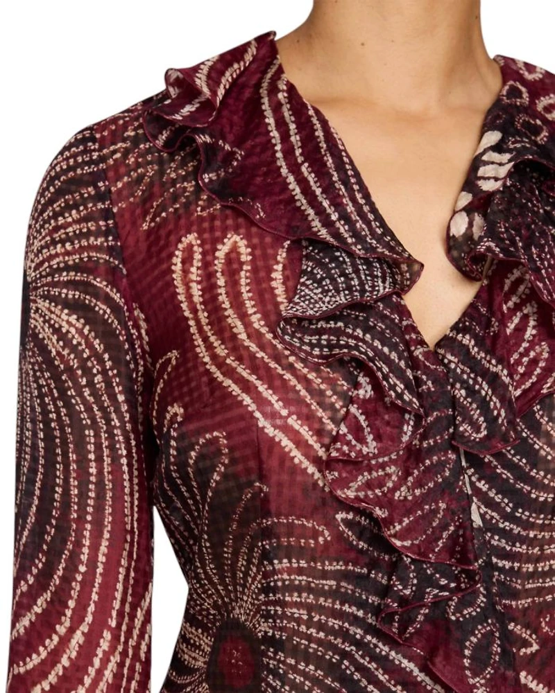 SYDNEY Long Sleeve Button Down Blouse with Ruffles Silk Modern Gingham Floral Print