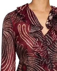 SYDNEY Long Sleeve Button Down Blouse with Ruffles Silk Modern Gingham Floral Print
