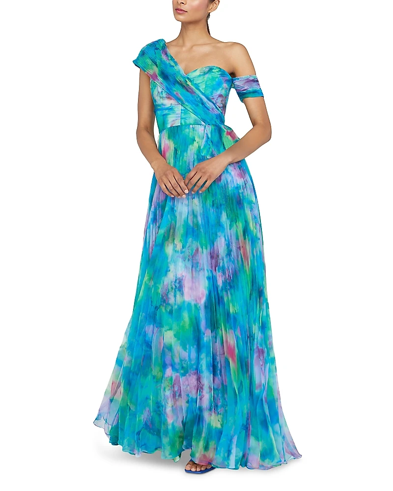 Theia Davina Printed Pleated Asymmetric Gown