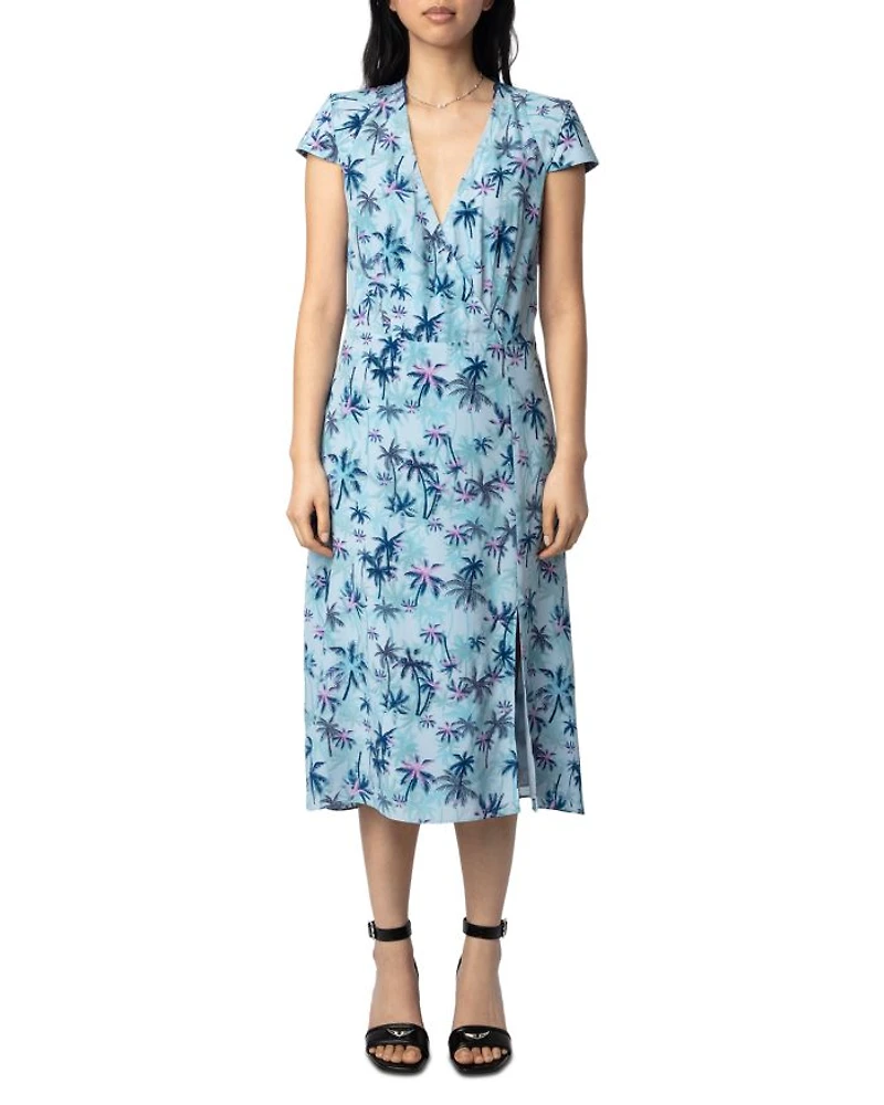 Rapaz Sunset Palm Mist Print Silk Dress