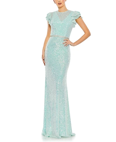 Mac Duggal Sequined High Neck Flutter Sleeve Gown
