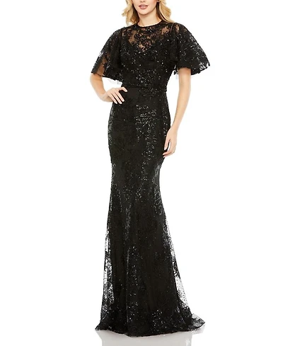 Embellished Flutter Sleeve High Neck Gown