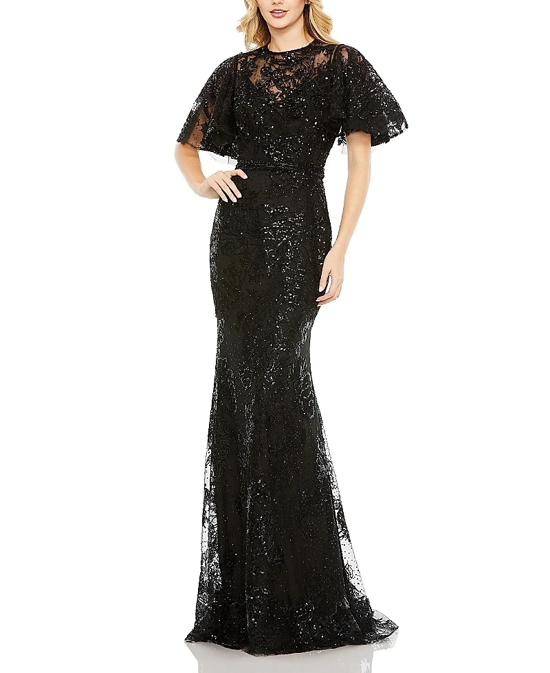 Mac Duggal Embellished Flutter Sleeve High Neck Gown