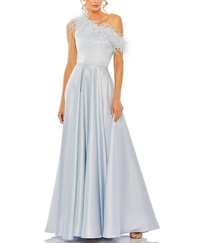 One Shoulder A Line Gown with Feather Detail