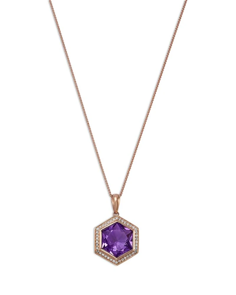 Amethyst & Diamond Bezel Pendant Necklace in 14K Rose Gold, 18"