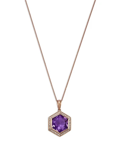 Amethyst & Diamond Bezel Pendant Necklace in 14K Rose Gold, 18"