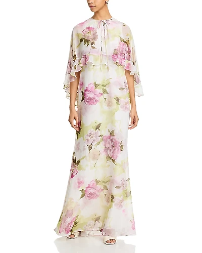 Teri Jon by Rickie Freeman Chiffon Floral Ruffled Capelet Gown