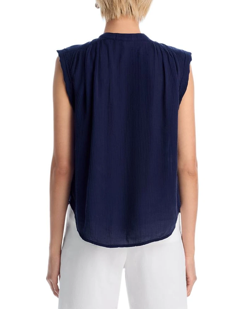 Shirred Cap Sleeve V Neck Top