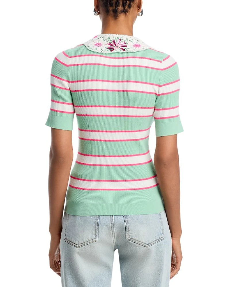 Removable Lace Collar Ribbed Knit Top