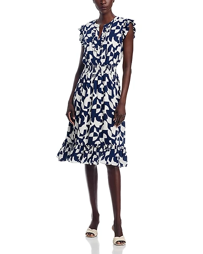 T Tahari Ruffled Trim Smocked Waist Dress