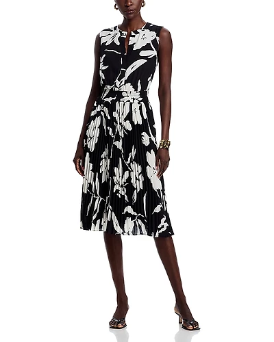 T Tahari Split Neck Floral Print Dress