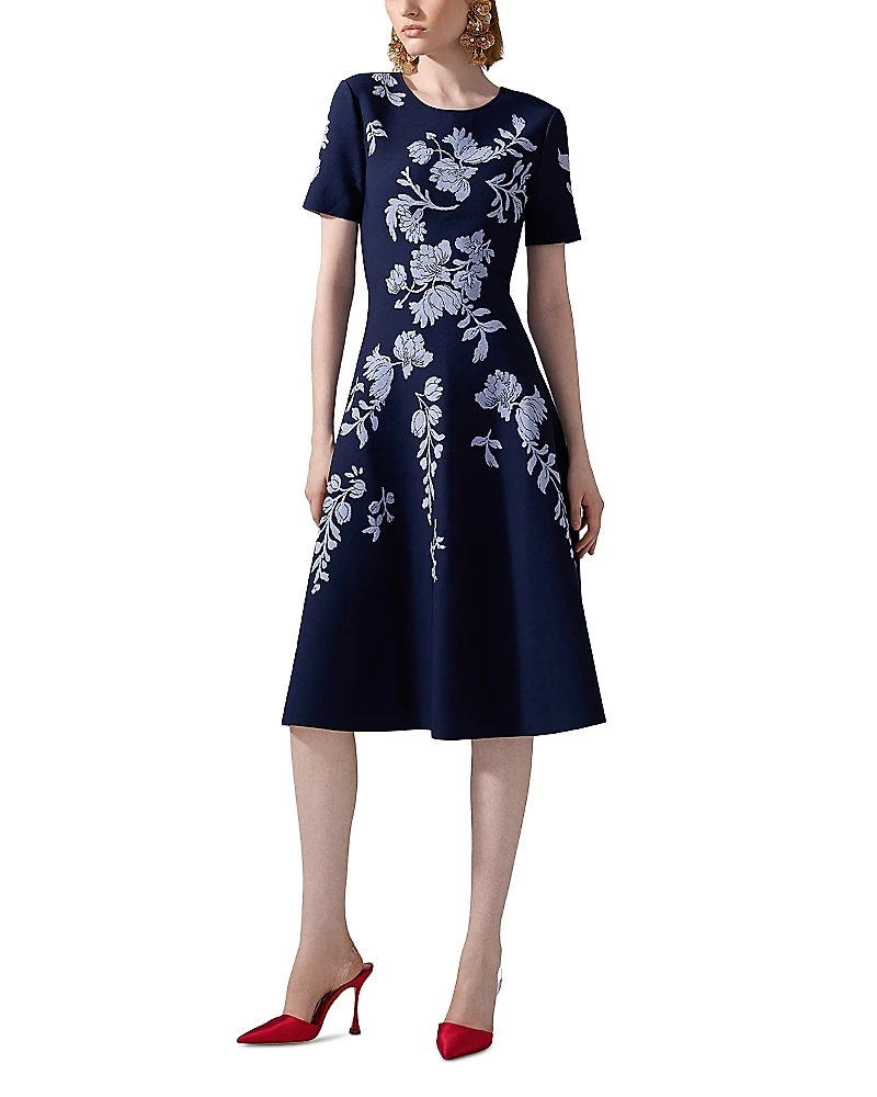 Carolina Herrera Short Sleeve Floral Jacquard Dress