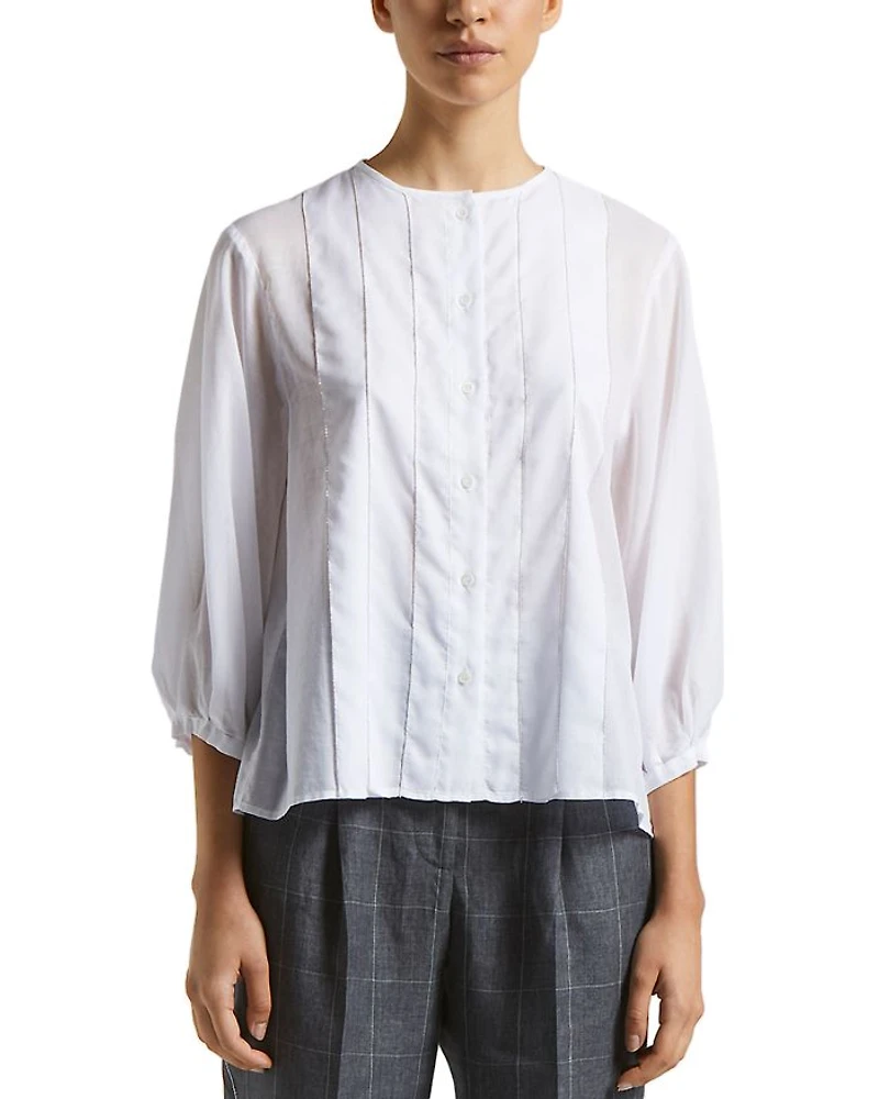 Pintuck Collarless Blouse