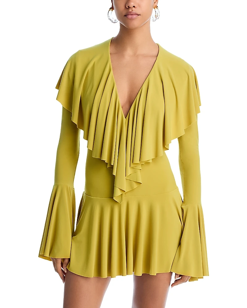 Norma Kamali Long Sleeve Deep V Ruffle Mini Dress