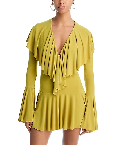 Norma Kamali Long Sleeve Deep V Ruffle Mini Dress