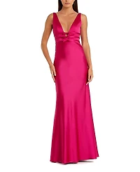 Mac Duggal Sleeveless V Neck Satin Gown with Bow Details