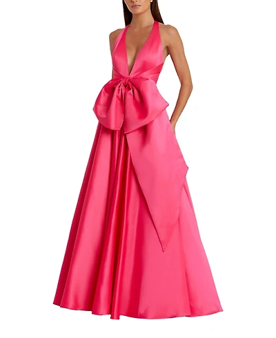 Mac Duggal Sleeveless Deep V Satin Gown with Over