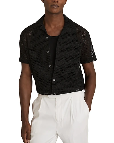 Reiss Sterling Short Sleeve Crochet Cuban Shirt