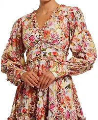 Ruffle Floral V Neck Cotton Mini Dress