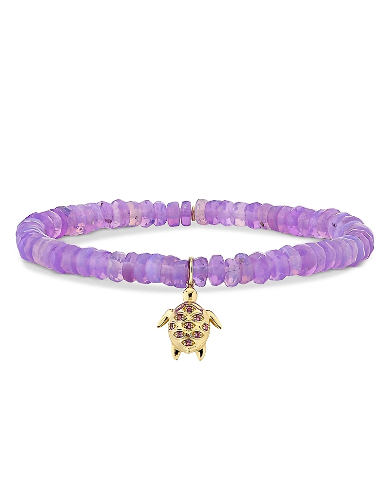 Sydney Evan 14K Yellow Gold Amethyst Turtle Charm Purple Ethiopian Opal Beaded Stretch Bracelet