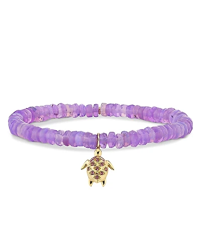 Sydney Evan 14K Yellow Gold Amethyst Turtle Charm Purple Ethiopian Opal Beaded Stretch Bracelet