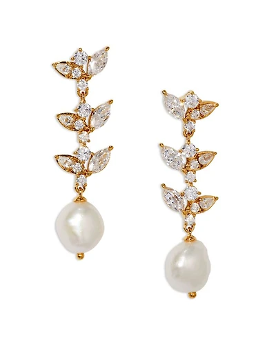 Ravish Cubic Zirconia & Freshwater Pearl Linear Drop Earrings in Gold Tone