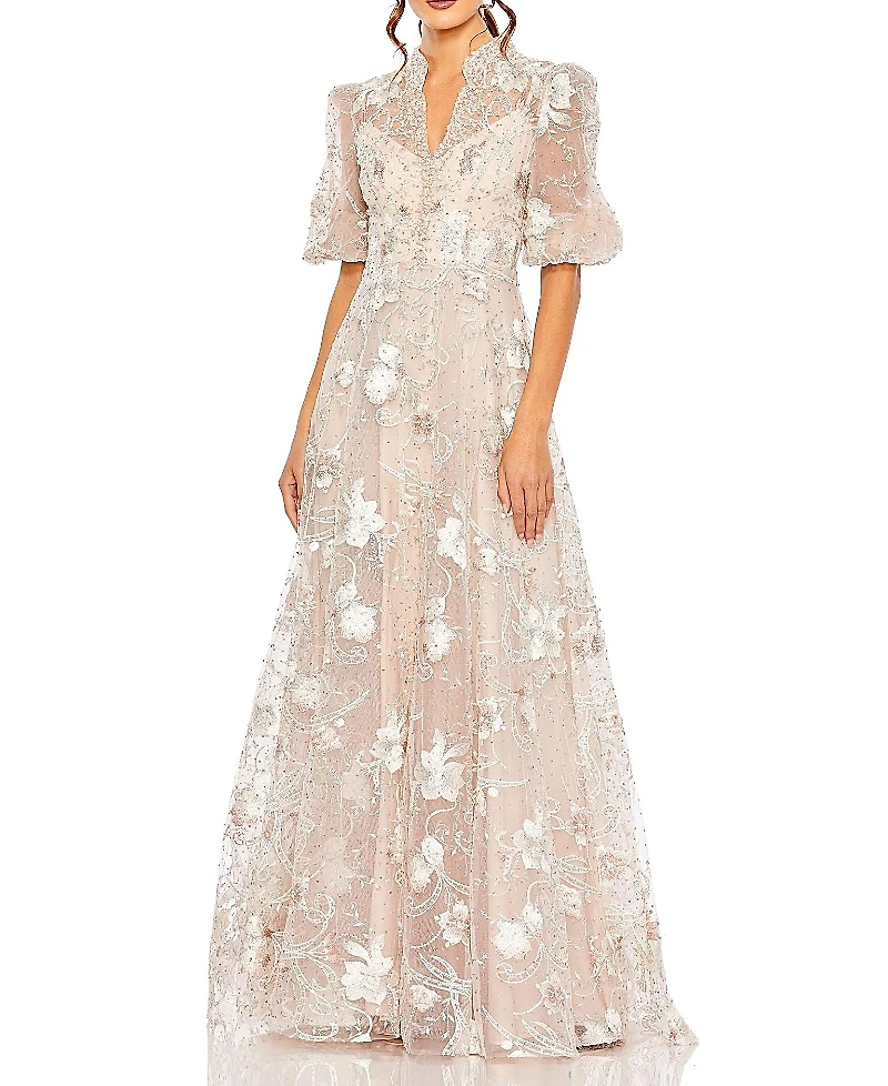 Mac Duggal Queen Anne Puff Sleeve A Line Gown