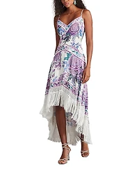 Tadashi Shoji Lua Floral Print Tassel Fringe Slip Dress