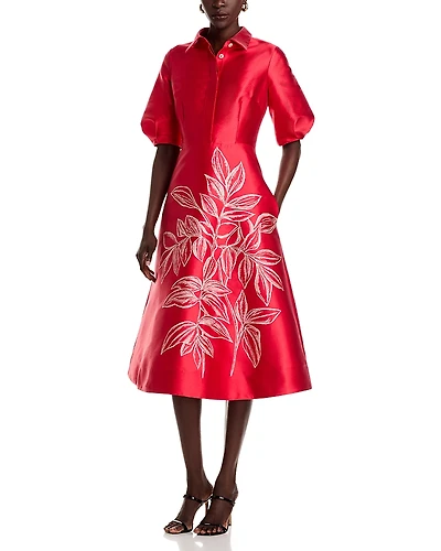 Teri Jon by Rickie Freeman Gazar Border Print Puff-Sleeve Dress