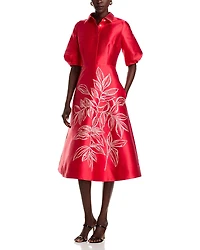 Teri Jon by Rickie Freeman Gazar Border Print Puff-Sleeve Dress