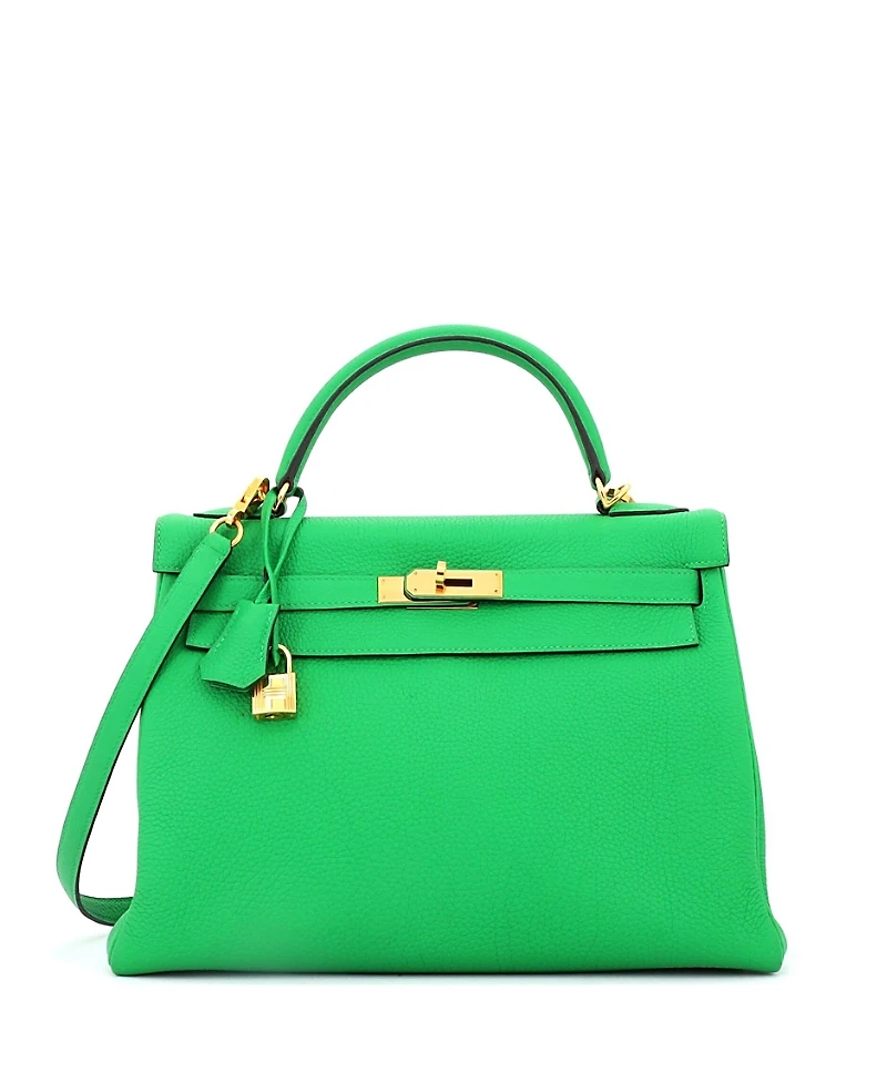 Pre-Owned Hermes Kelly Handbag Green Togo with Gold Hardware