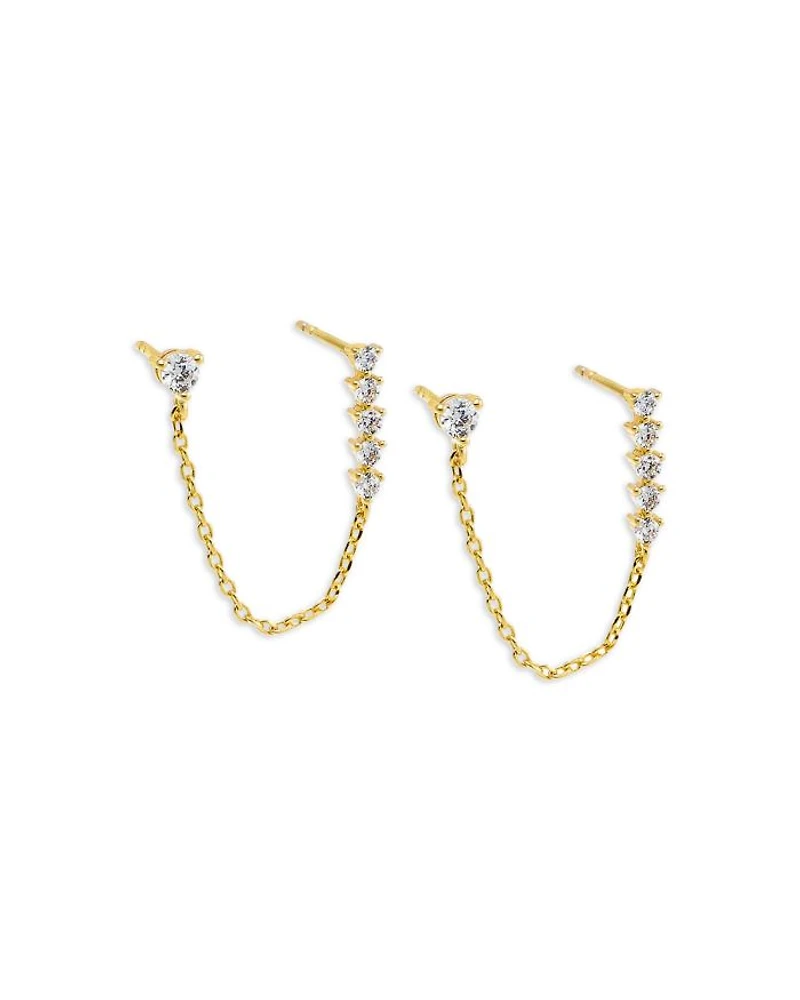 Cubic Zirconia Double Stud Chain Earrings
