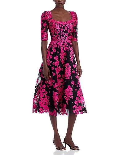 Teri Jon by Rickie Freeman Floral Applique Midi Dress
