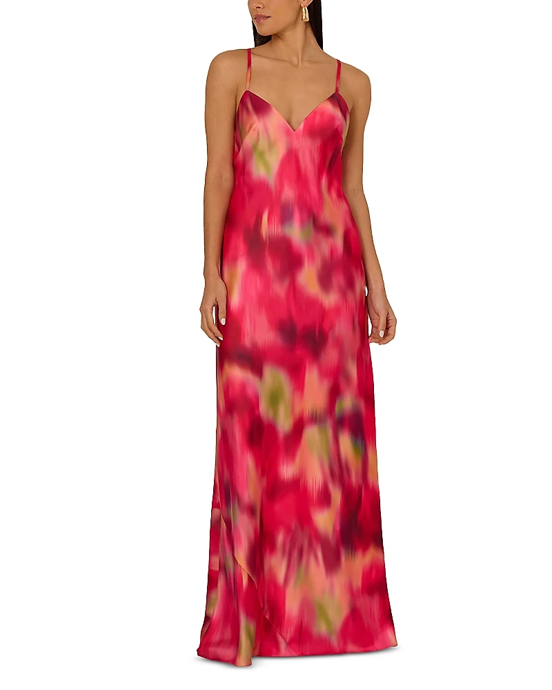Liv Foster Printed Satin V Neck Long Dress
