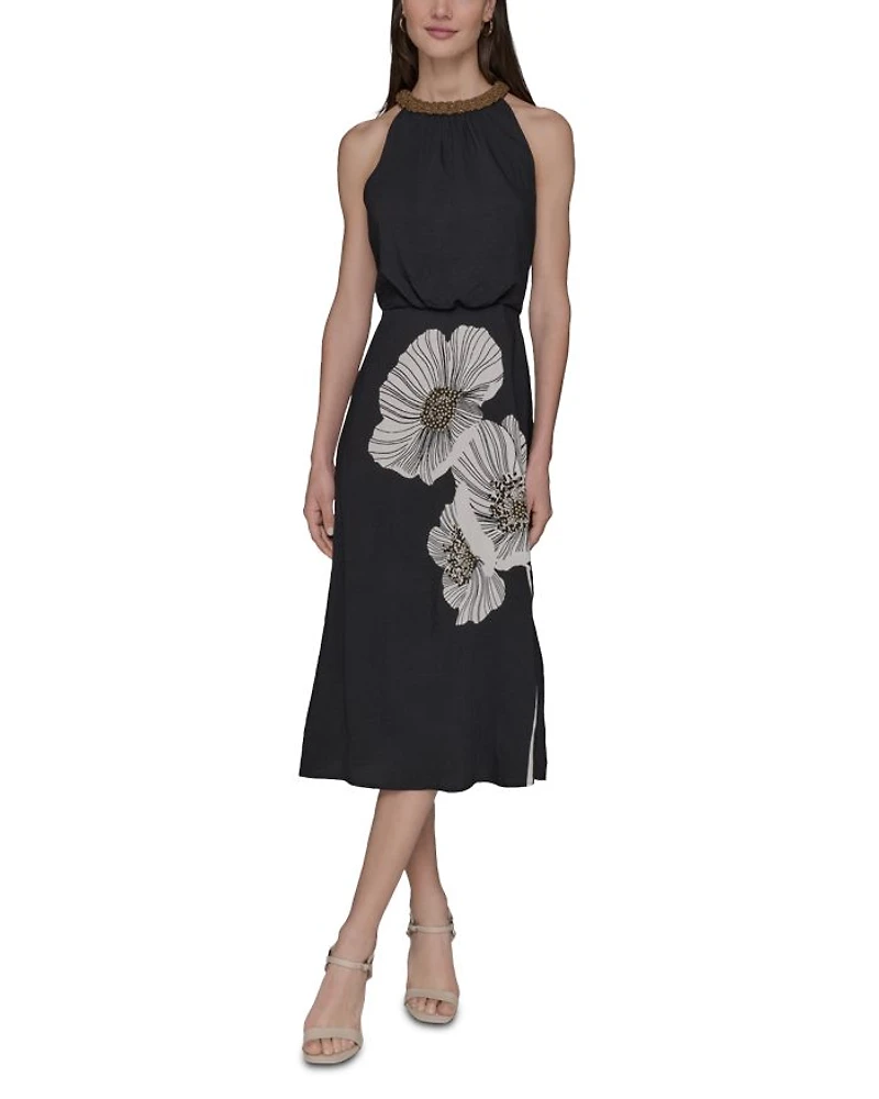 Halter Neck Embellished Floral Print Dress