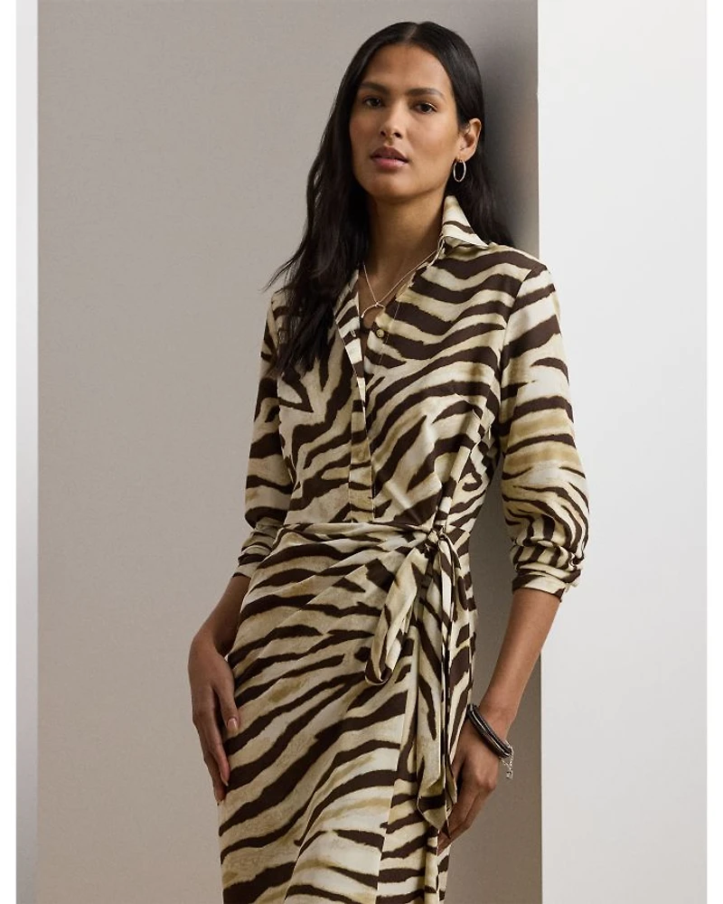 Zebra Print Tie Front Crepe Shirtdress