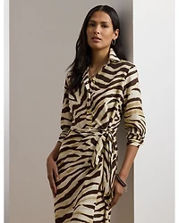 Zebra Print Tie Front Crepe Shirtdress