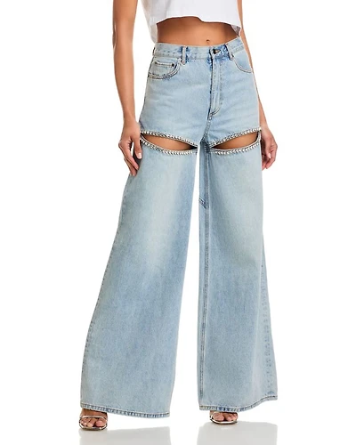 Wide Leg Crystal Slit Jeans Light Blue