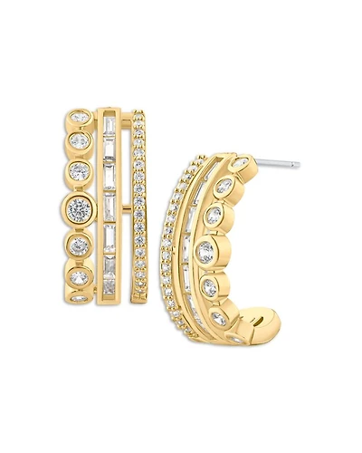 Round, Baguette & Pavé Cubic Zirconia Half Hoop Earrings